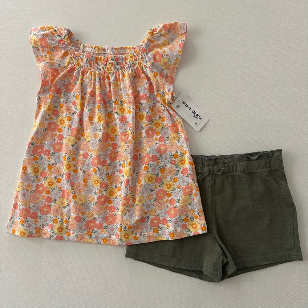 Carter's 5T Toddler Girl Smocked Floral Top & Shorts Set Outfit Summer NWT